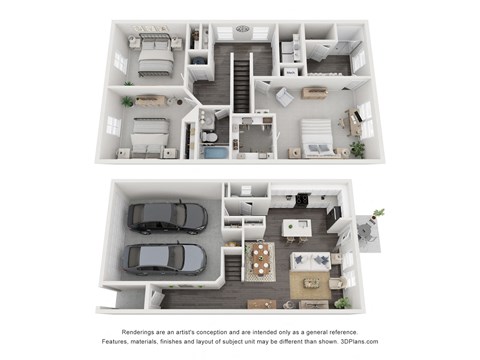 a stylized 3d floor plan of a house with a bedroom and a kitchen